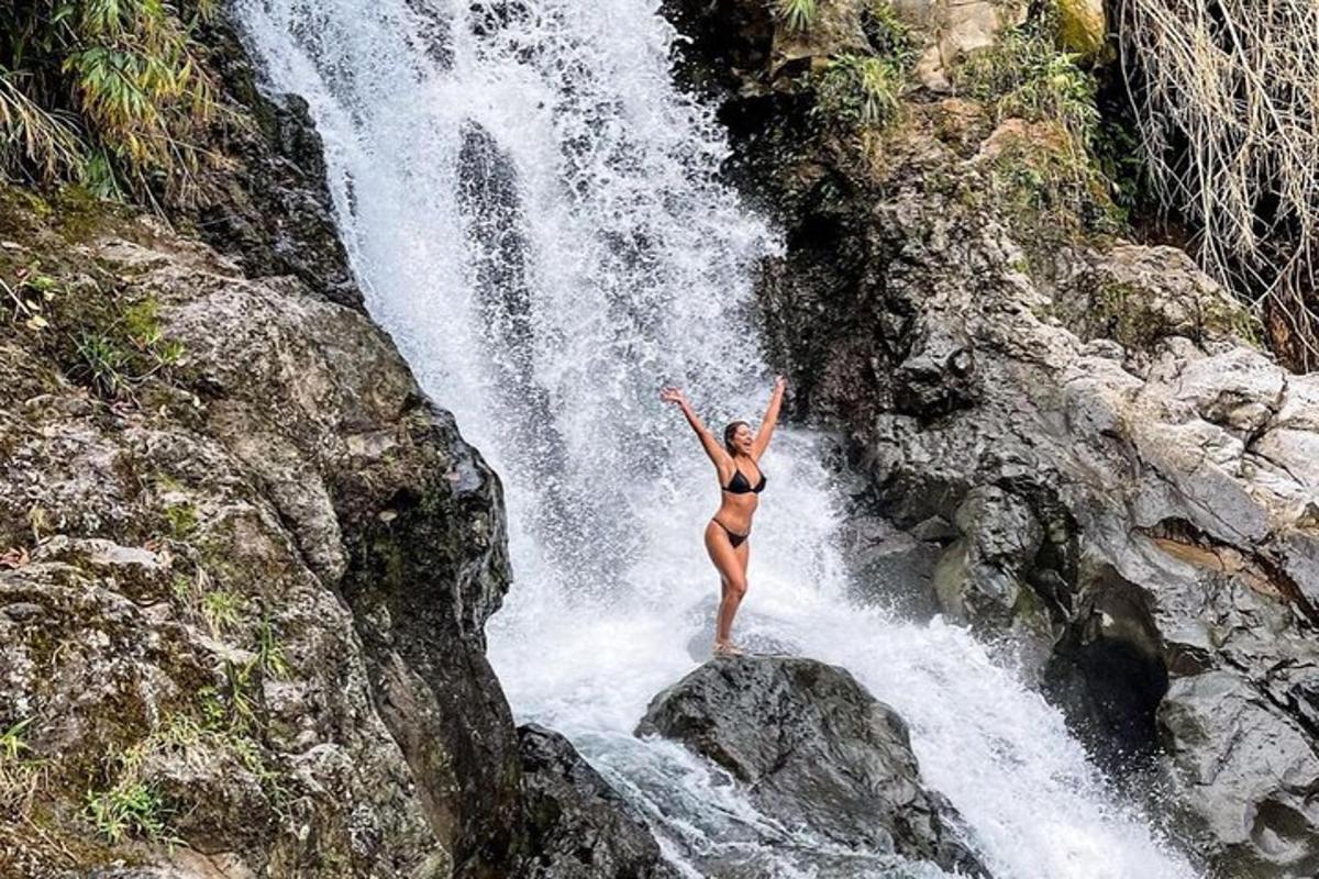 uma mulher em pé sobre uma rocha em frente a uma cachoeira