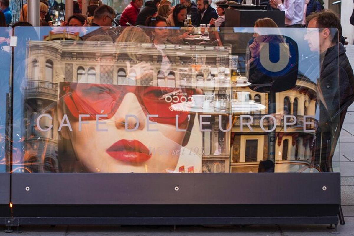 a display window of a building with a woman