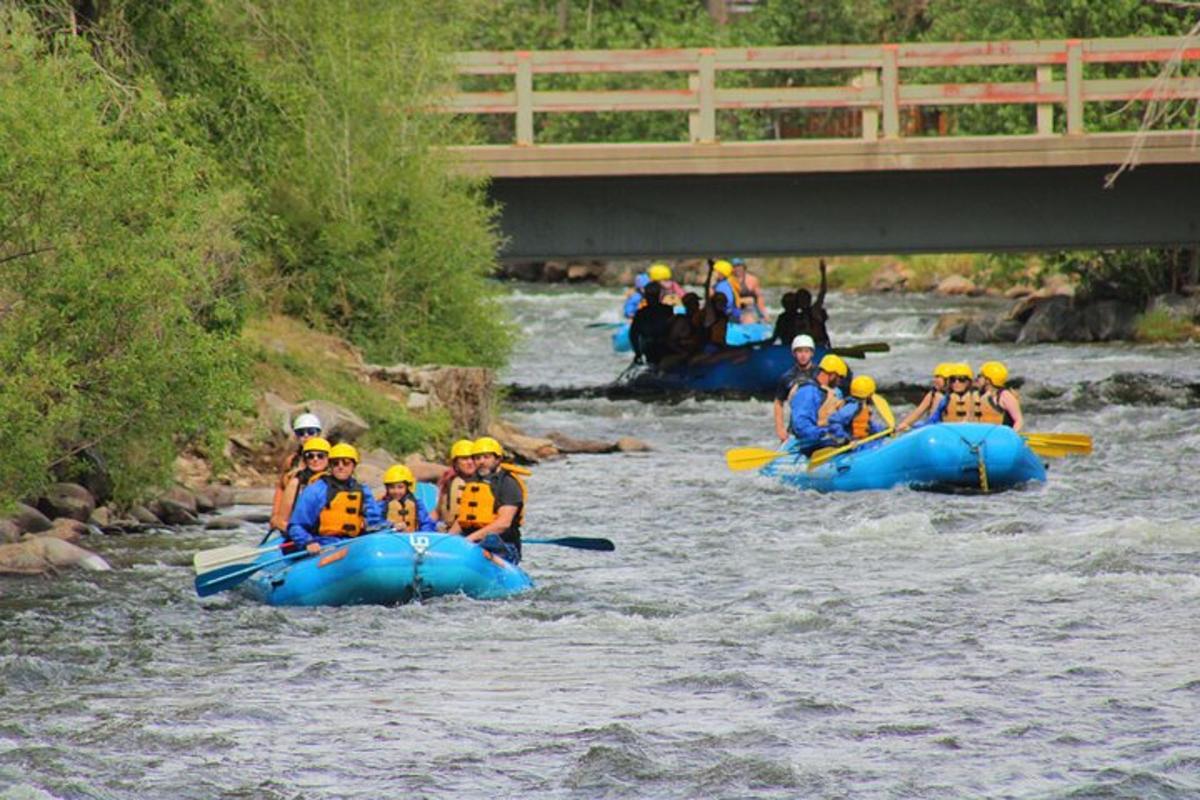 um grupo de pessoas está descendo um rio de rafting