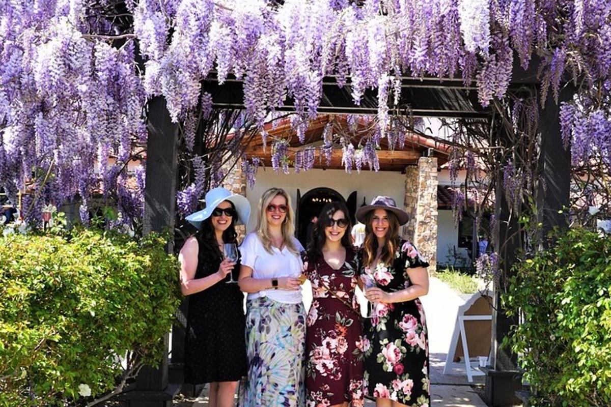 un gruppo di donne in piedi sotto un tunnel di glicine