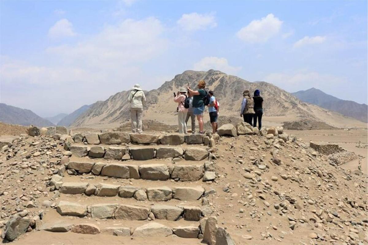 a group of people walking up a rock path in the desert