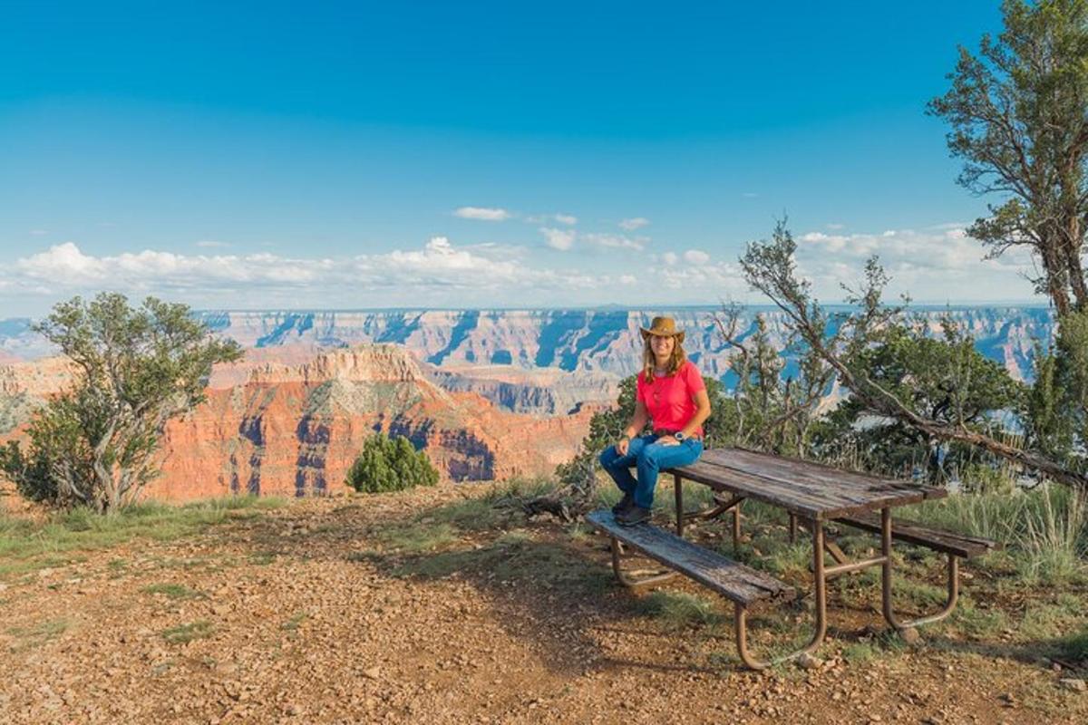 en person som sitter på en benk ved Grand Canyon