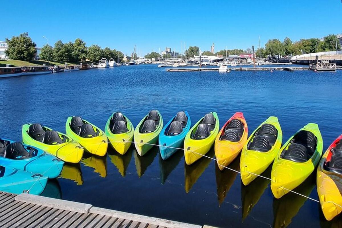 una fila di kayak allineati nell'acqua