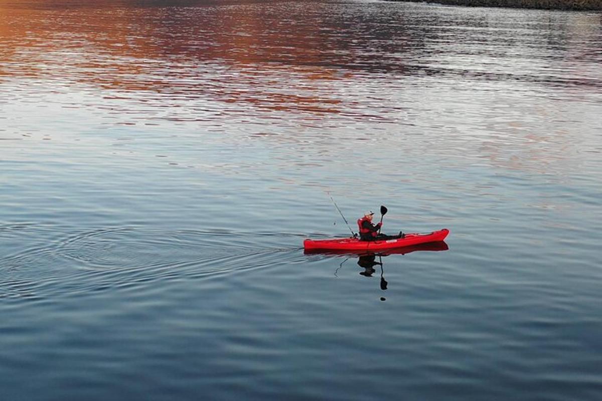 a person in a red kayak in the water