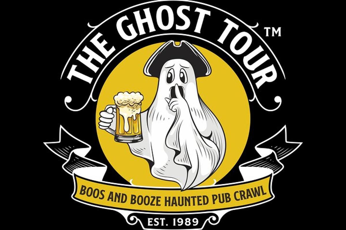 幽霊がビールグラスを持っているゴーストツアーのロゴ