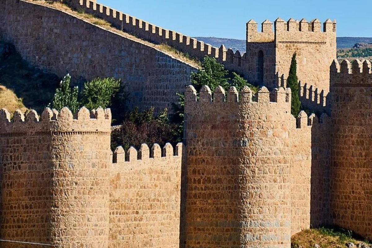 a tall brick wall with turrets and a fence
