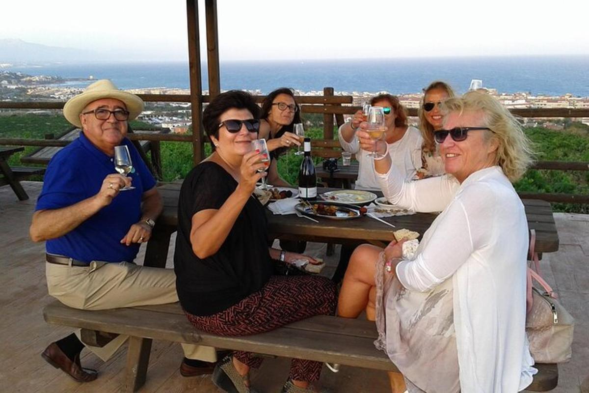 un gruppo di persone sedute a un tavolo da picnic che bevono vino