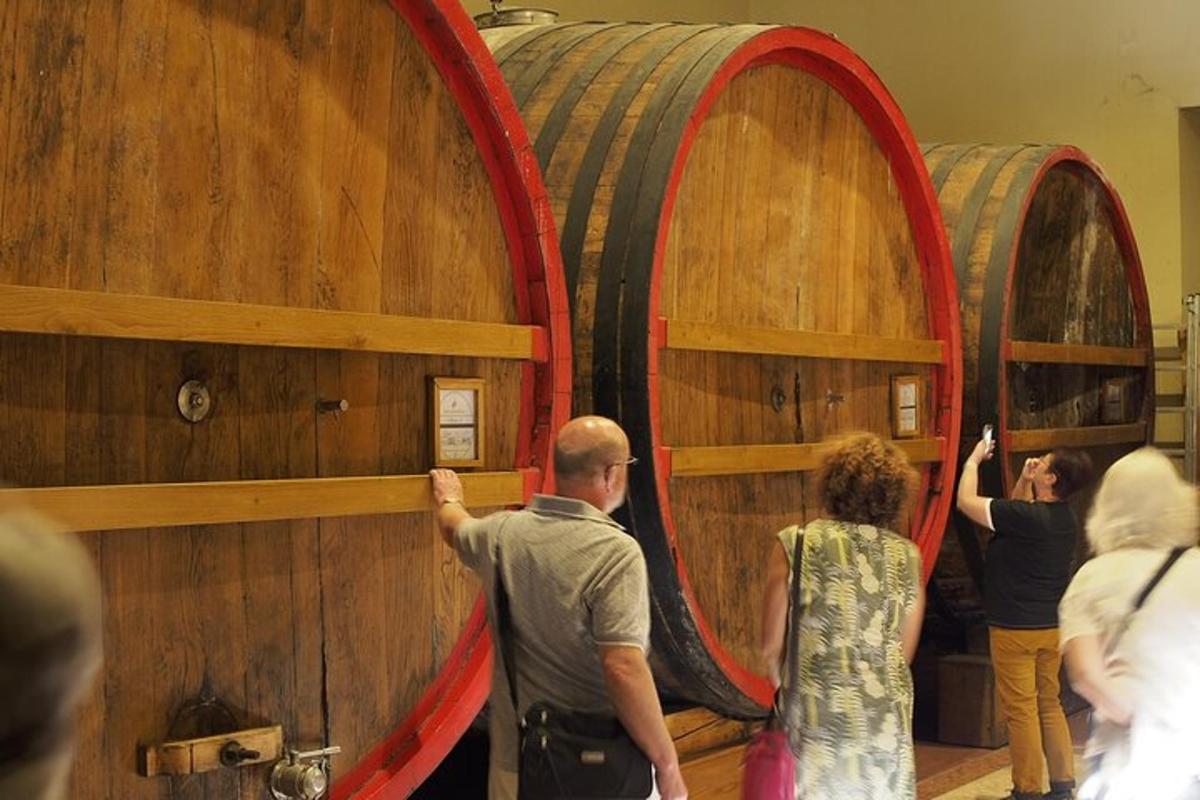 a group of people standing around two large barrels