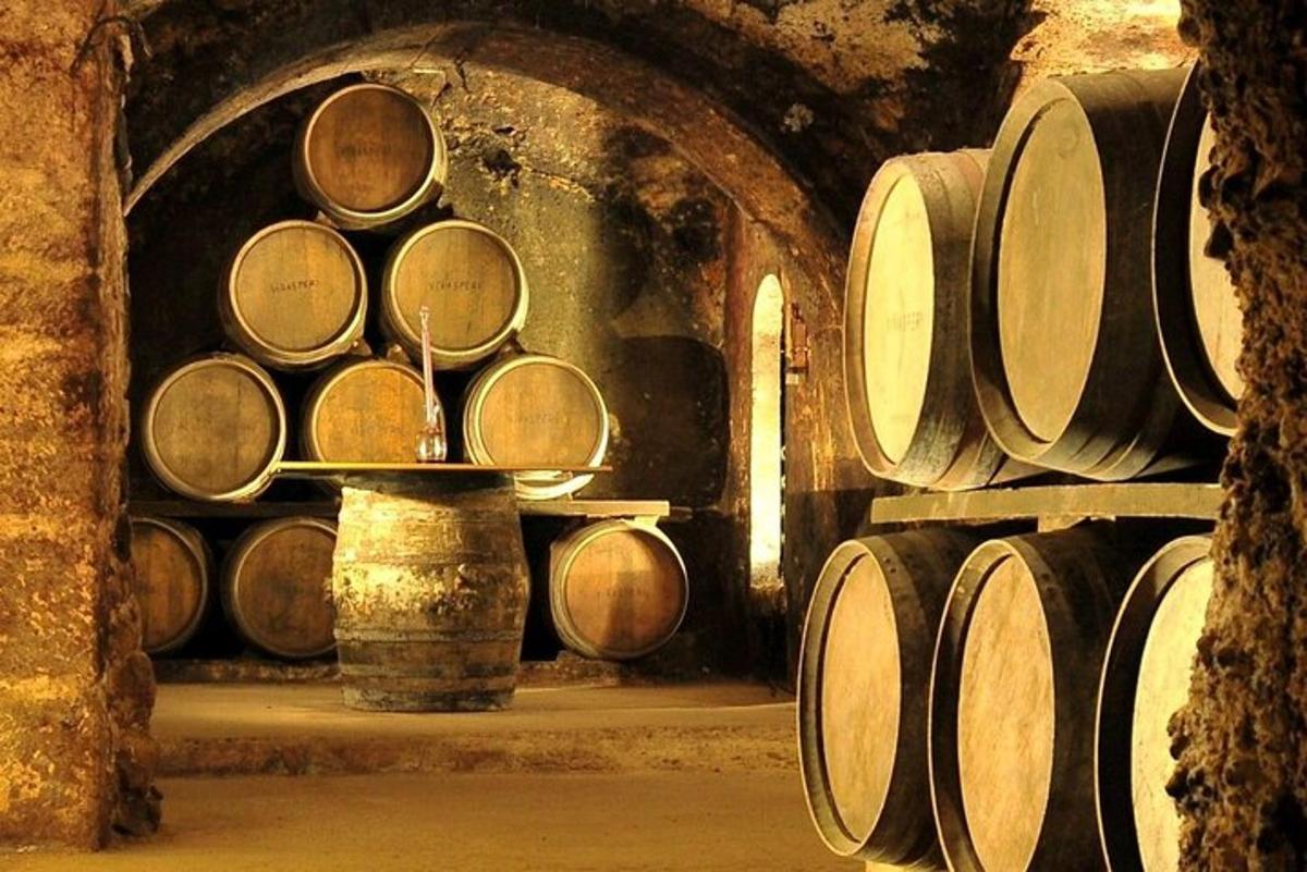 a stack of wine barrels in a cellar