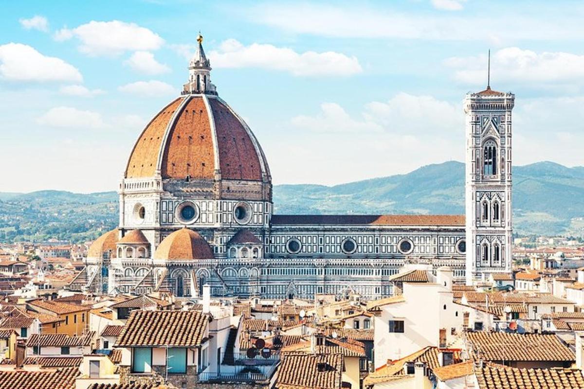 una vista d'una catedral i una ciutat amb teulades