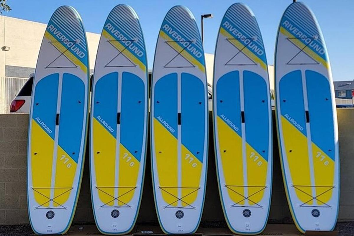 quatro pranchas de surfe estão alinhadas contra uma parede