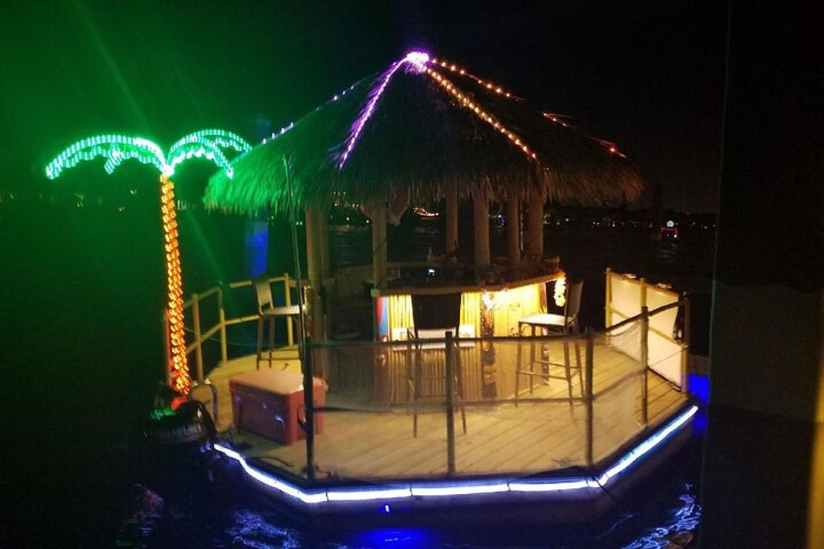 a house with a straw roof and two palm trees