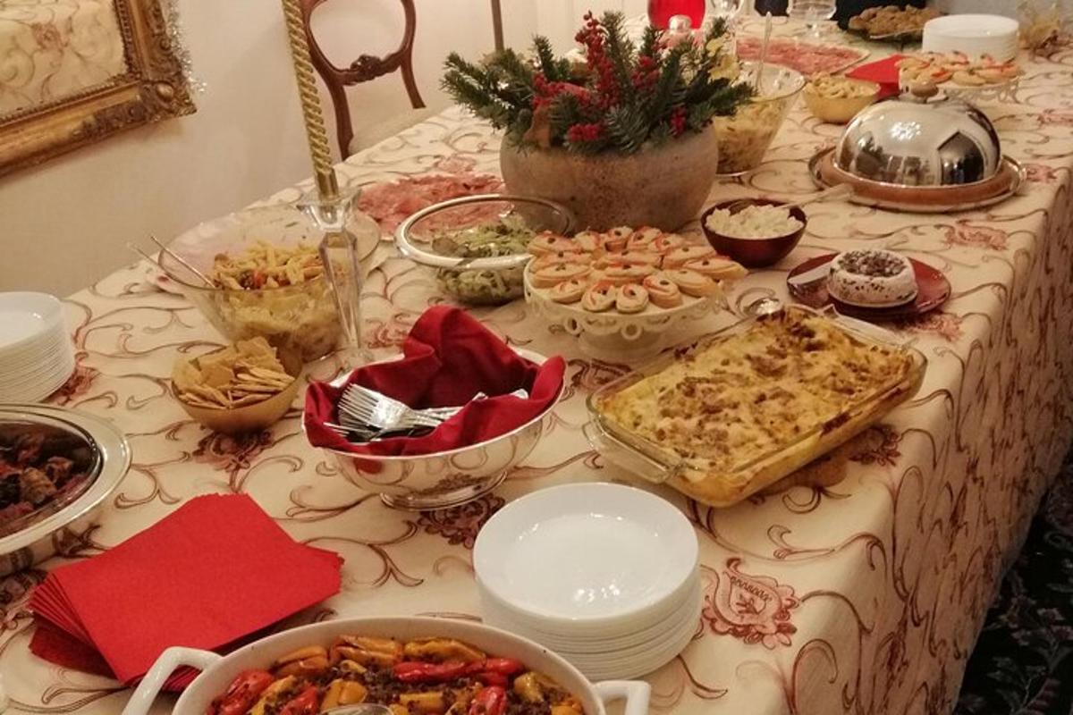 a table topped with dishes of food on a table