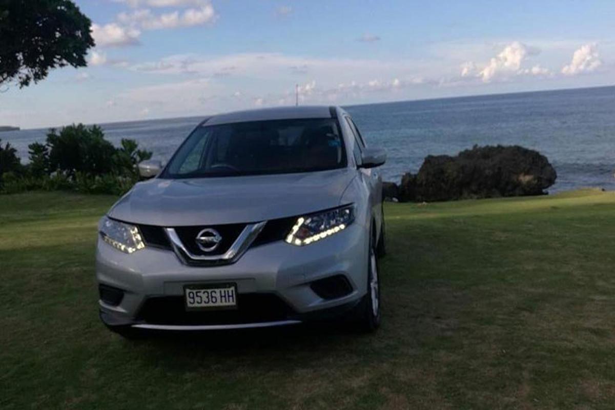 Un coche plateado aparcado en el césped cerca del océano.