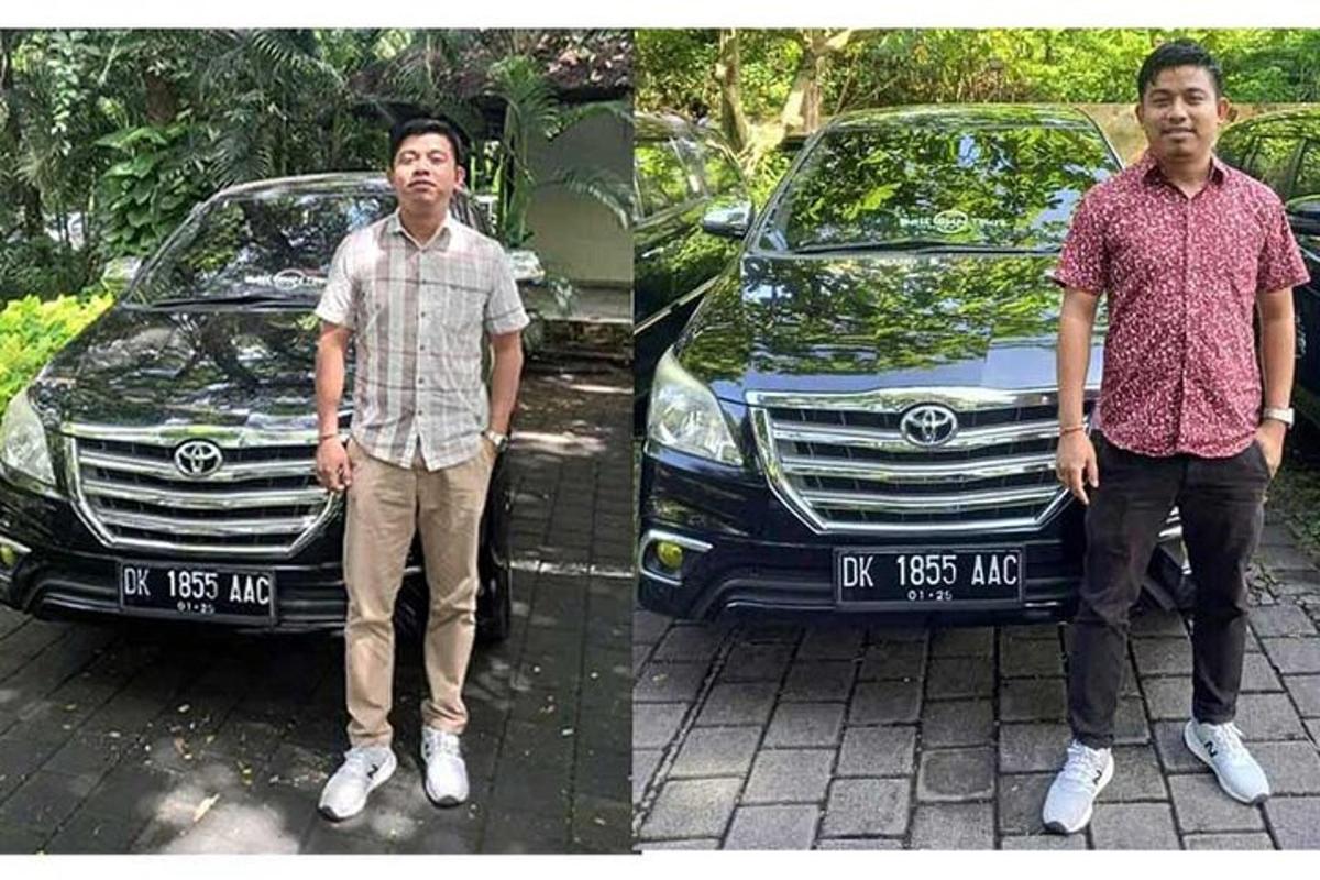 hai bức ảnh của một người đàn ông đứng trước một chiếc ô tô