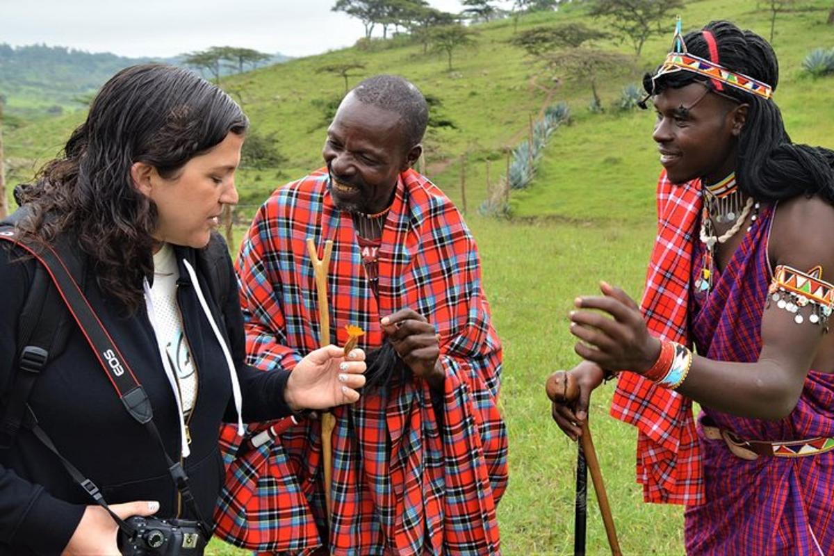 a group of three people standing next to a woman