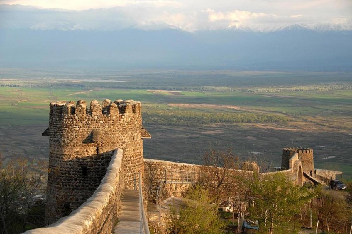 una vista di un castello dalla cima di un muro
