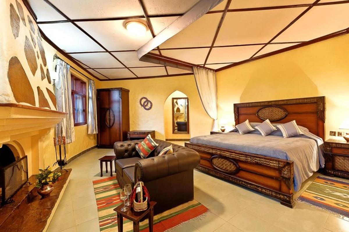 una camera da letto con un letto, un divano e un camino