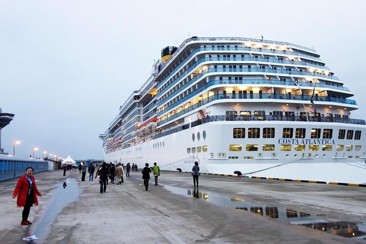 a large cruise ship parked next to a pier