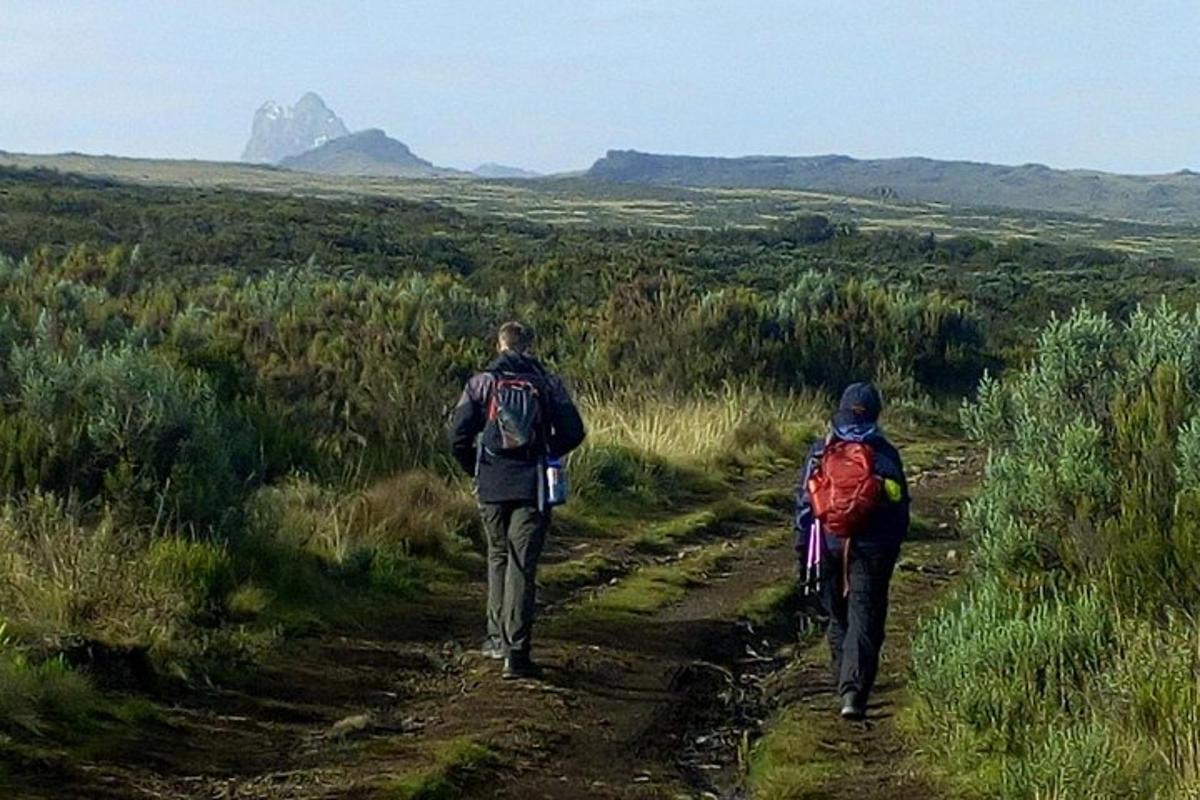 duas pessoas caminhando por uma trilha de terra