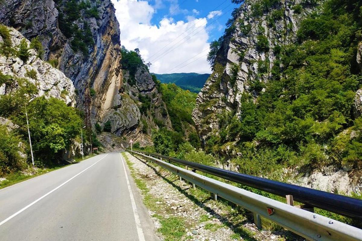 Una carretera vacía en un cañón con una montaña.