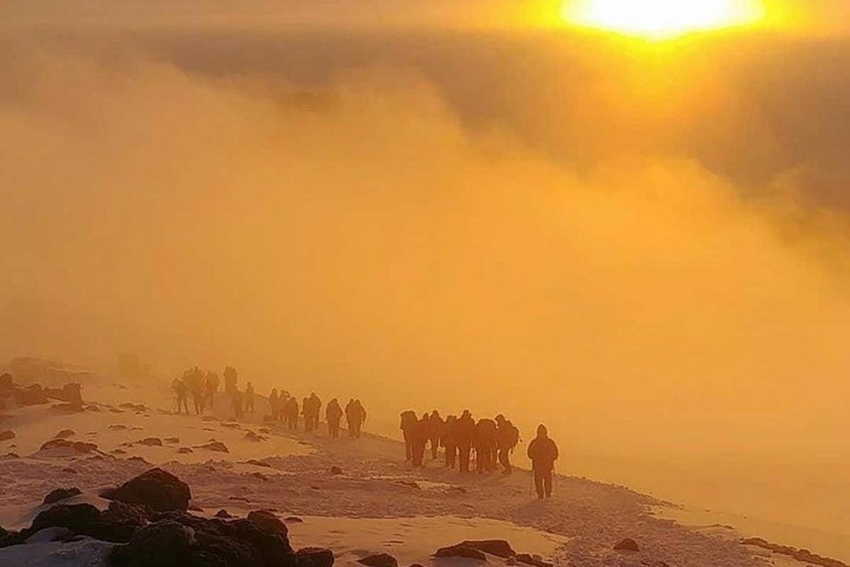 雪の降る海岸を歩く人々のグループ