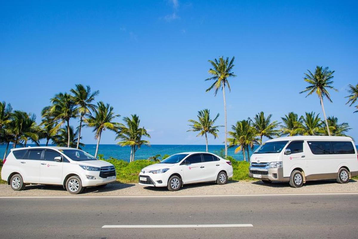 eine Gruppe von drei Autos, die neben dem Strand geparkt sind