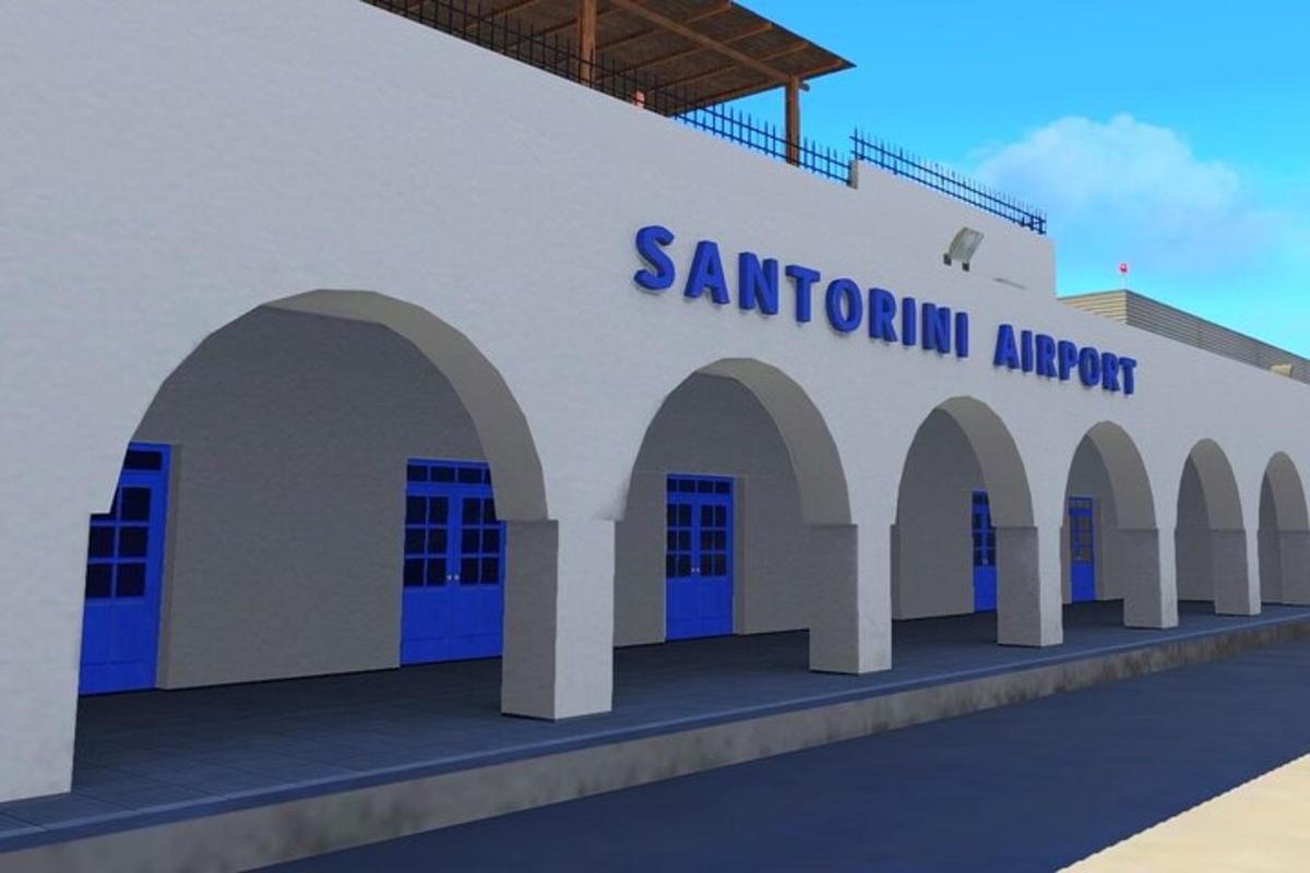 Mynd af flugvallarbyggingunni á Santorini