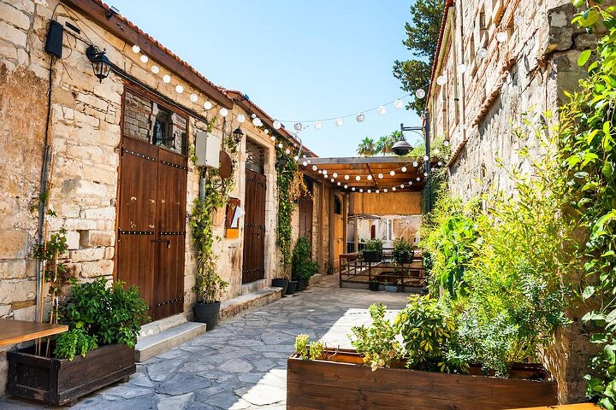 ein Außenhof mit Pflanzen und einer Pergola