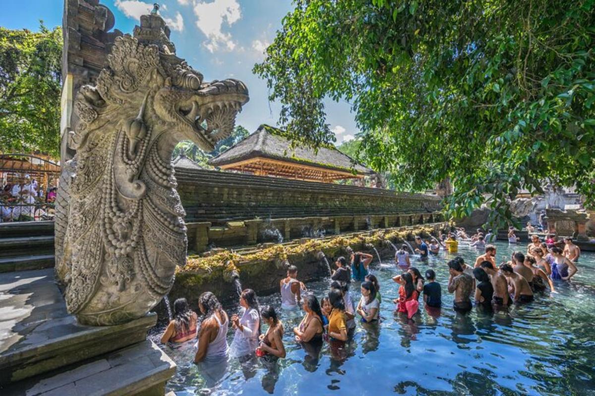 a group of people in the water at a fountain