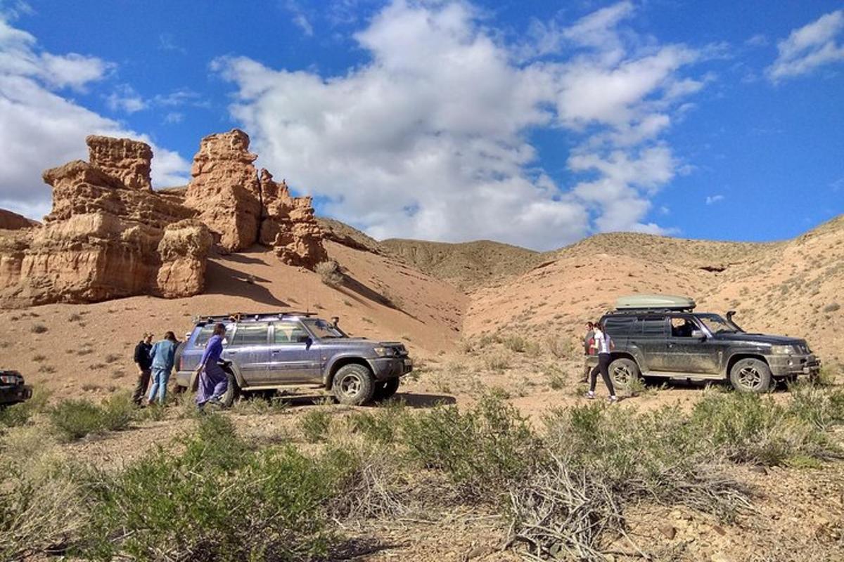 Un grupo de personas de pie junto a vehículos en el desierto.
