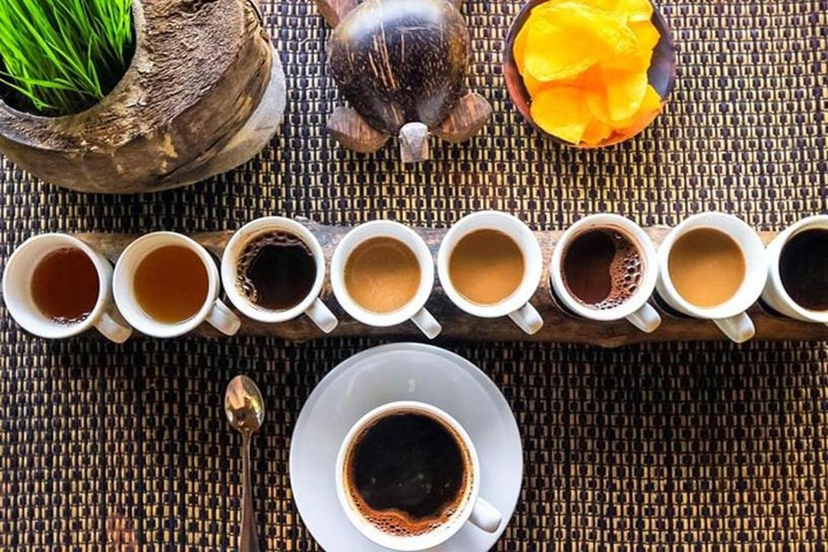 um grupo de xícaras de café sobre uma mesa