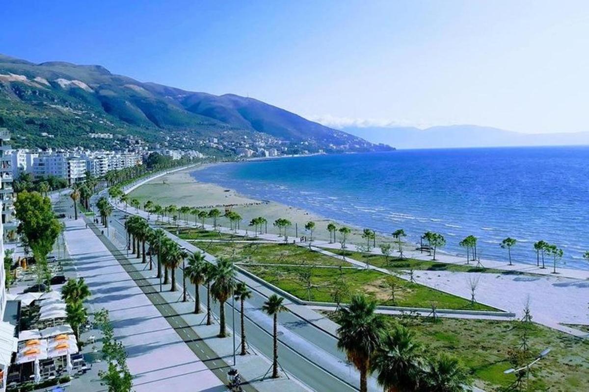Blick auf einen Strand mit Palmen und das Meer