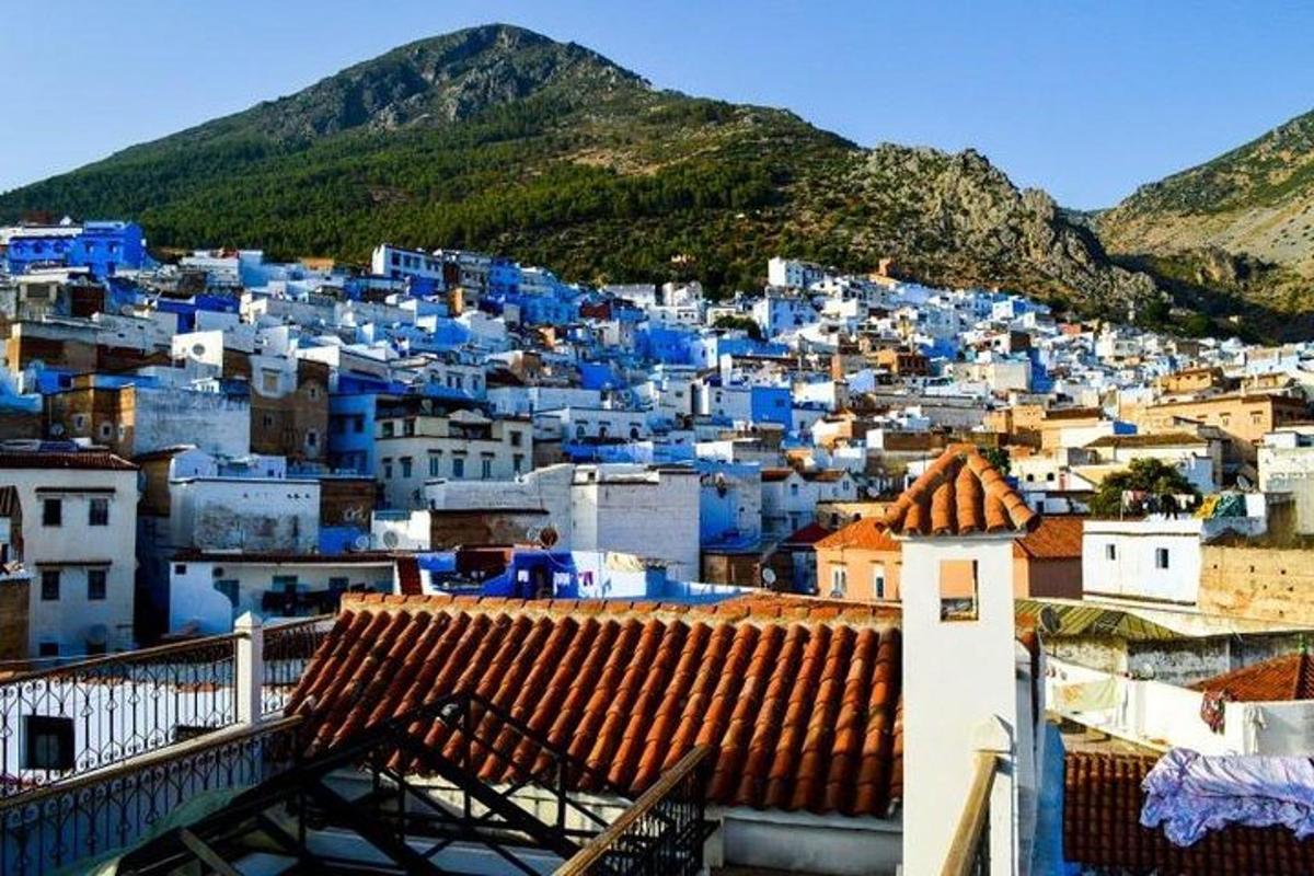 Una vista de una ciudad con edificios azules y montañas.
