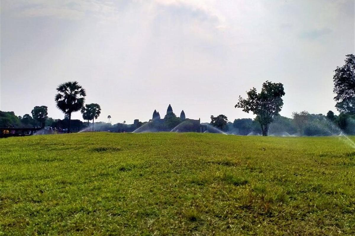 isang luntiang bukid na may mga puno at templo sa background