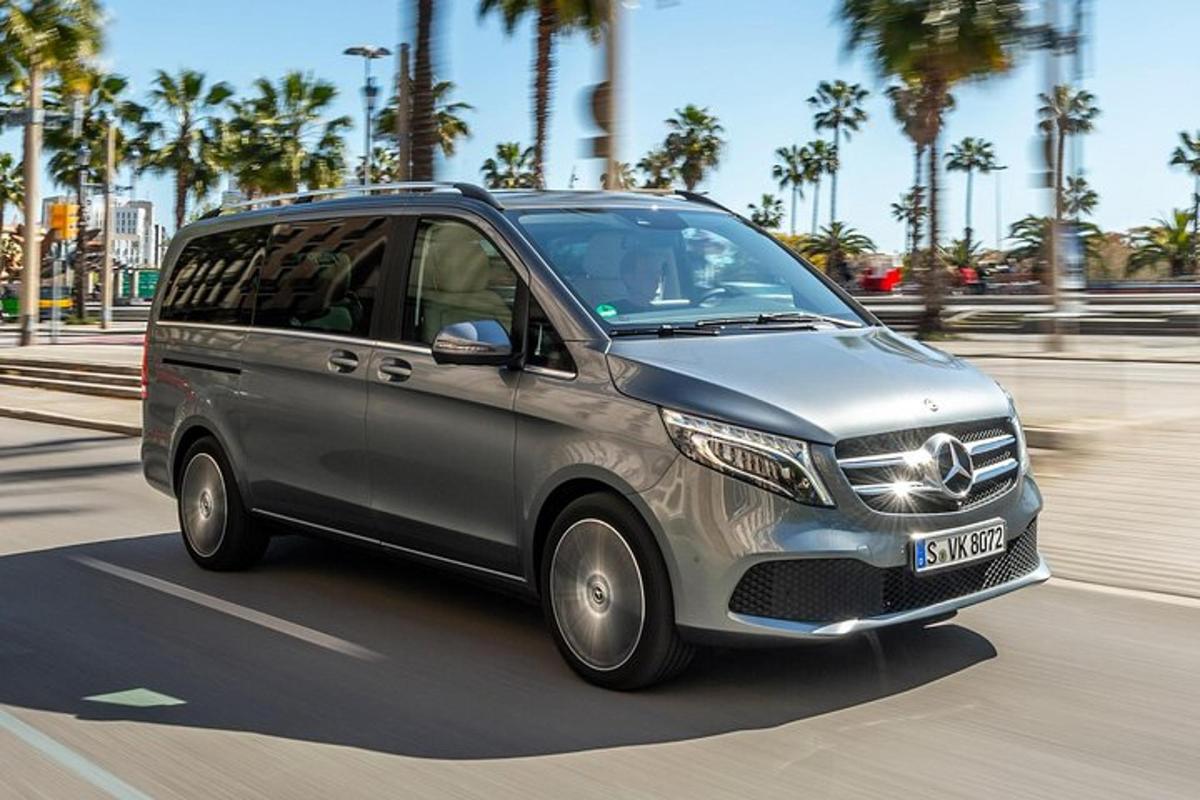 stříbrný minivan jedoucí po ulici s palmami