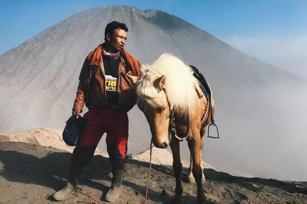 un home amb un cavall davant d'una muntanya