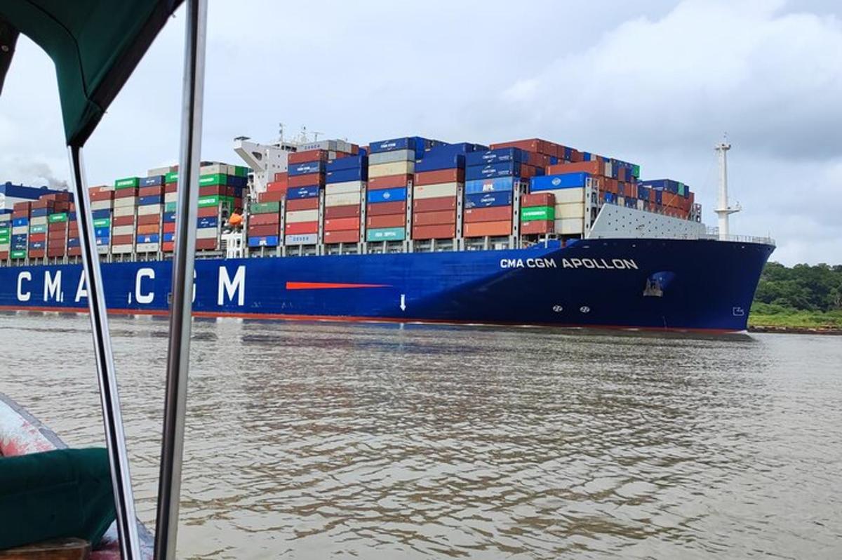 a large container ship is docked in the water
