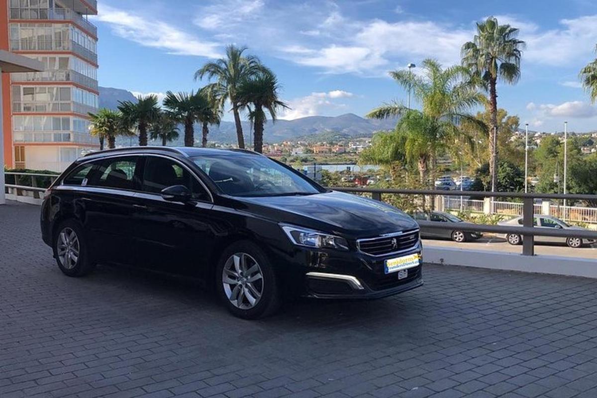 Un coche negro aparcado en una calle con palmeras.