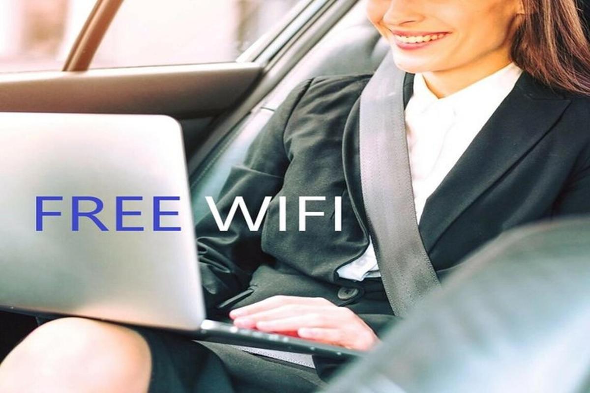 seorang wanita duduk di dalam mobil dengan laptop