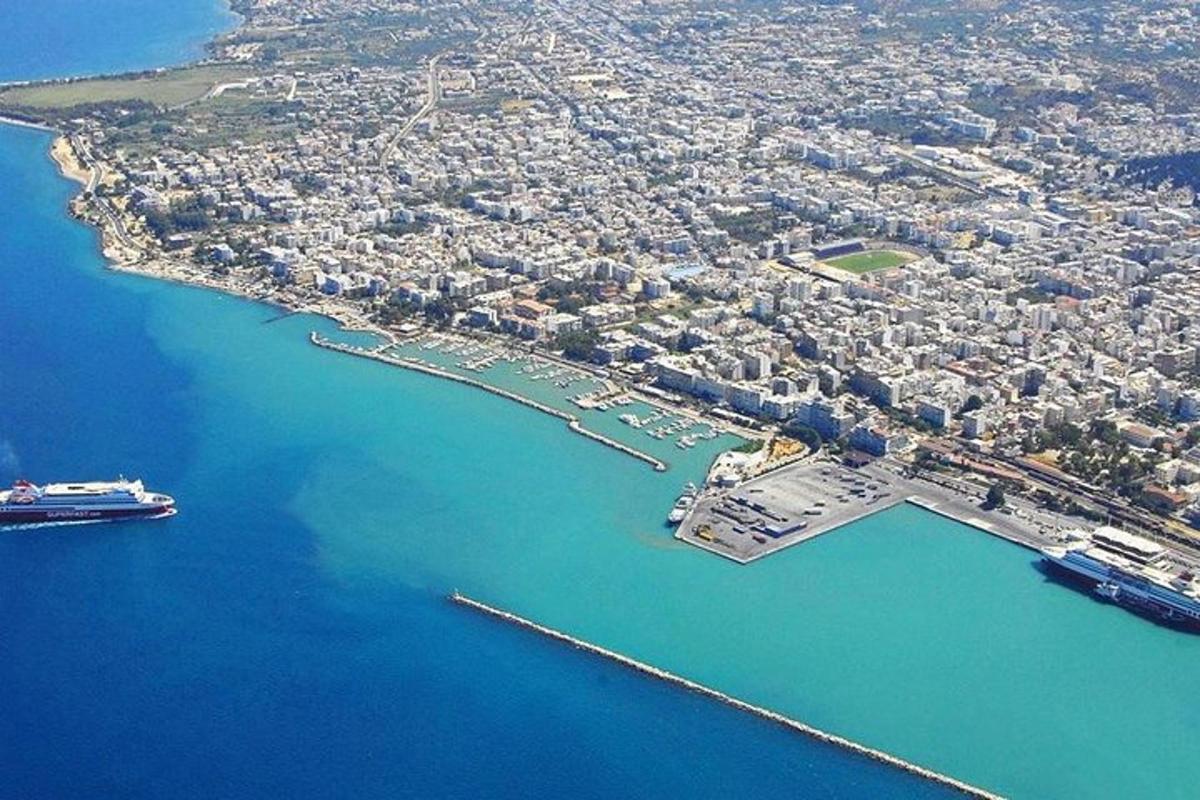an aerial view of a city with a harbor
