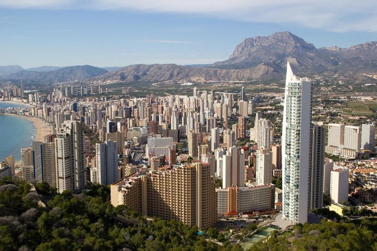 una vista aerea di una città con edifici e l'oceano