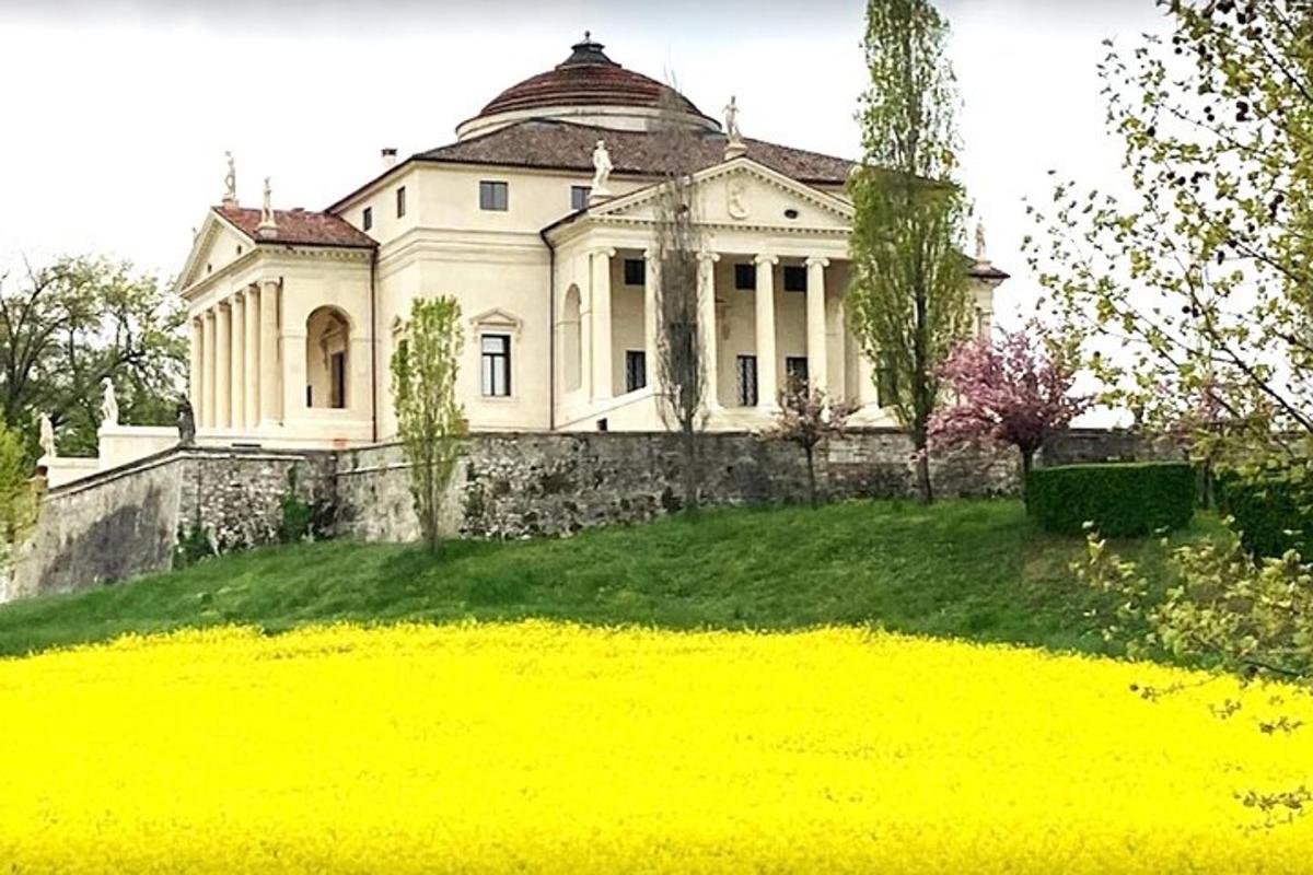 a large white house on a field of yellow flowers