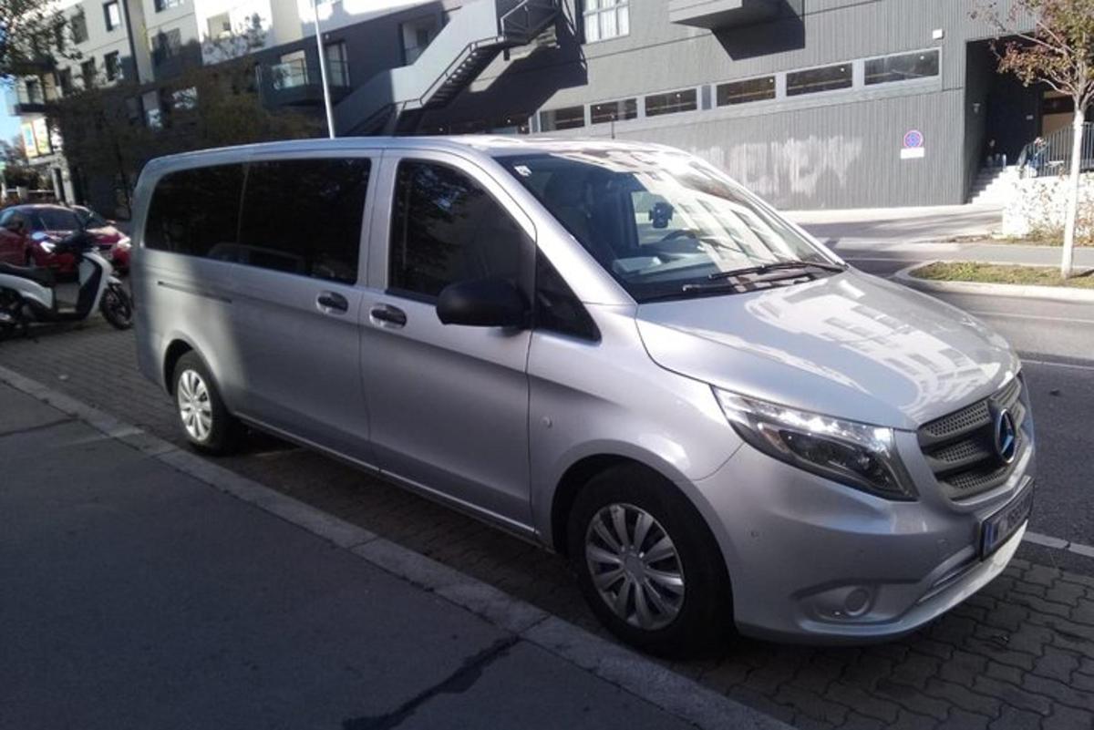 una minivan platejada aparcada al costat d'un carrer