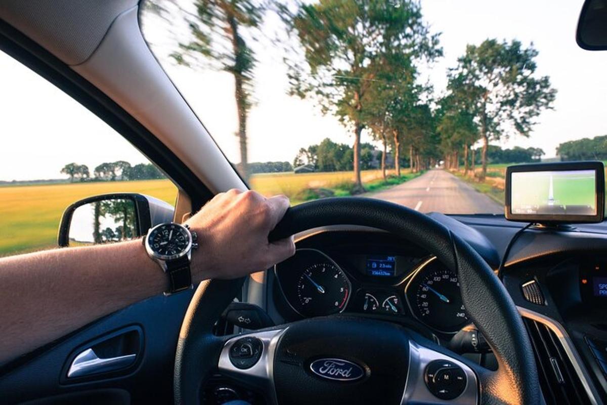 una persona che guida un'auto con la mano sul volante
