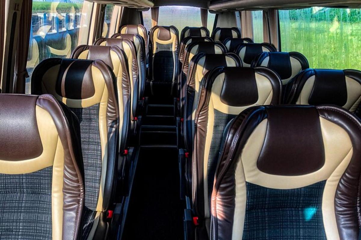 tuščias autobusas su tuščiomis sėdynėmis autobuse