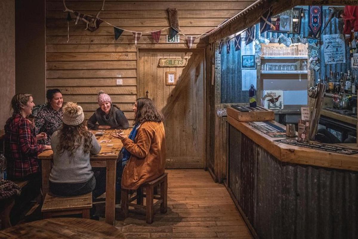 a group of people sitting at a table in a bar