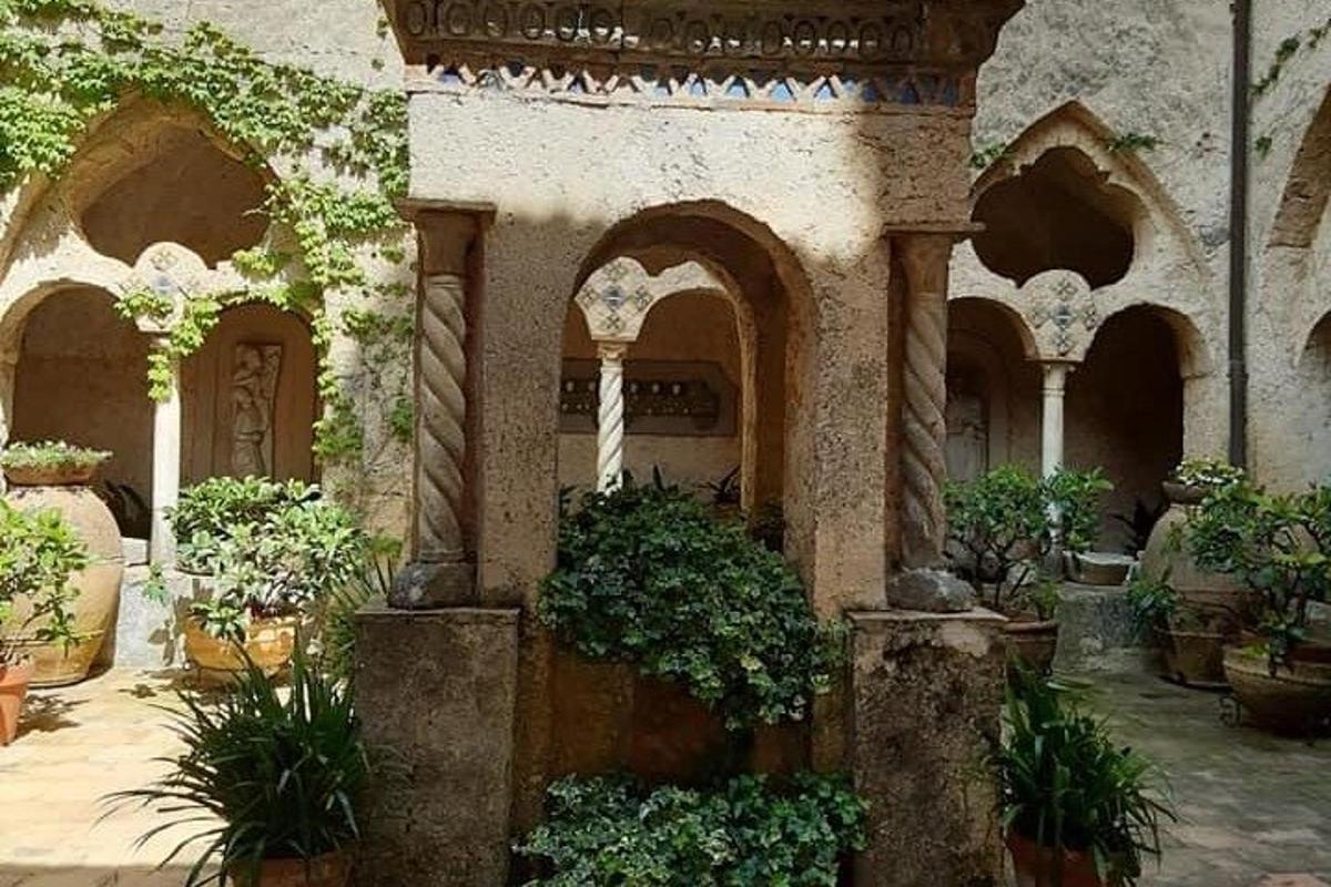 un cortile con piante in vaso in un edificio
