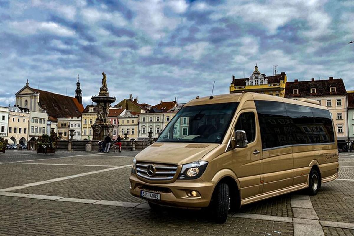 a van parked in a parking lot in a city
