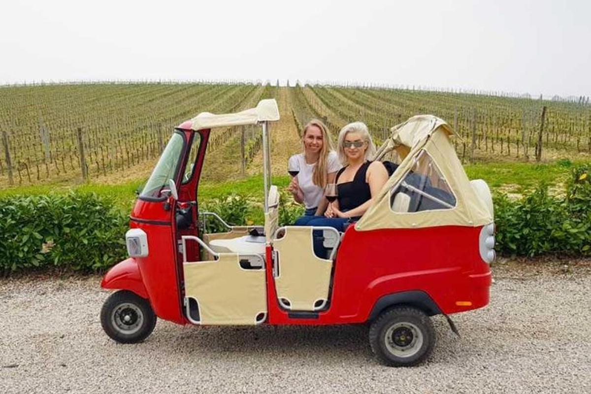 duas mulheres sentadas em um carrinho de golfe em frente a um vinhedo